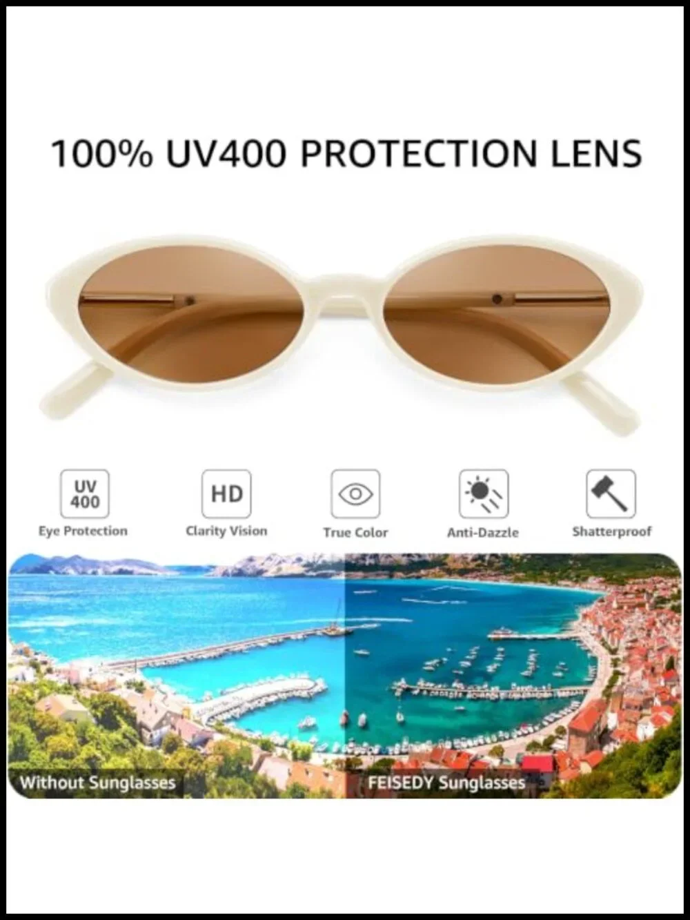 Retro Oval Cat Eye Sunglasses UV400 Protection Lightweight Narrow Frame